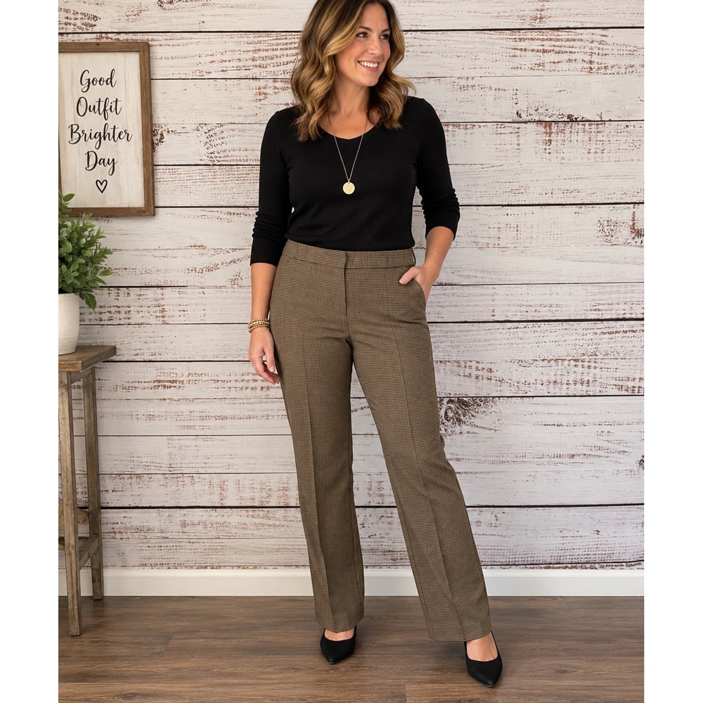 NWT Briggs Comfort Waistband Slimming  Pull-On Dress Pant Brown Houndstooth W- M